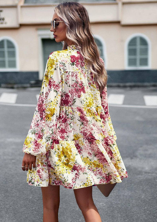 Mini Dresses- Elegant Floral Tiered Mini Dress with High Neck & Bishop Sleeves- - IndioGear Fashion and Gear