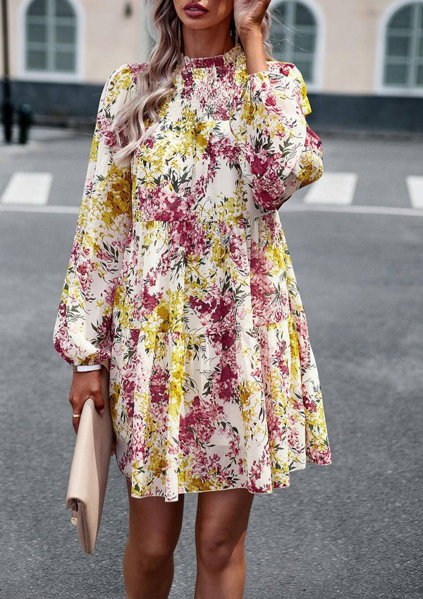 Mini Dresses- Elegant Floral Tiered Mini Dress with High Neck & Bishop Sleeves- - IndioGear Fashion and Gear