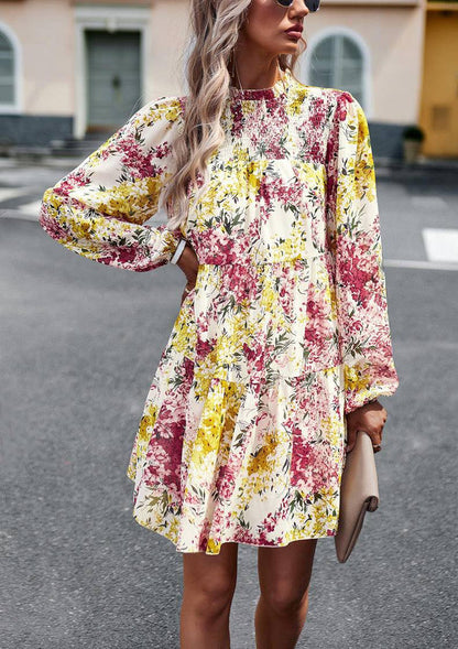 Mini Dresses- Elegant Floral Tiered Mini Dress with High Neck & Bishop Sleeves- - IndioGear Fashion and Gear