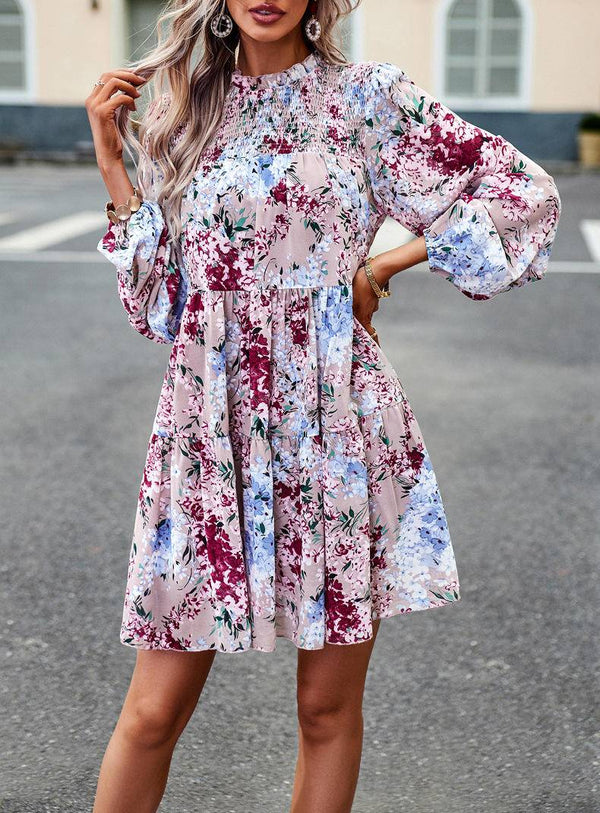 Mini Dresses- Elegant Floral Tiered Mini Dress with High Neck & Bishop Sleeves- - IndioGear Fashion and Gear