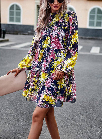 Mini Dresses- Elegant Floral Tiered Mini Dress with High Neck & Bishop Sleeves- - IndioGear Fashion and Gear