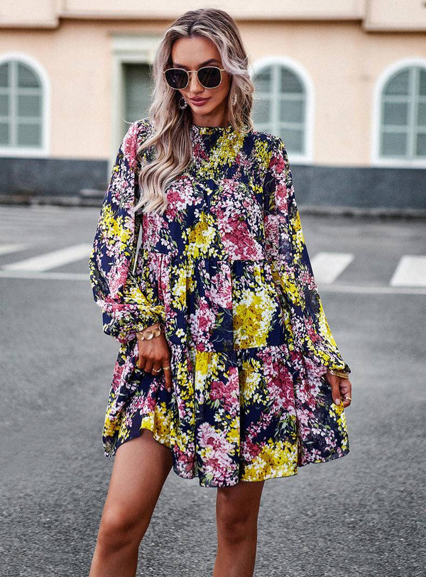 Mini Dresses- Elegant Floral Tiered Mini Dress with High Neck & Bishop Sleeves- - IndioGear Fashion and Gear