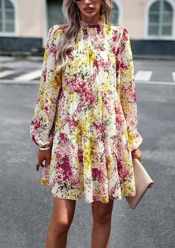 Mini Dresses- Elegant Floral Tiered Mini Dress with High Neck & Bishop Sleeves- - IndioGear Fashion and Gear