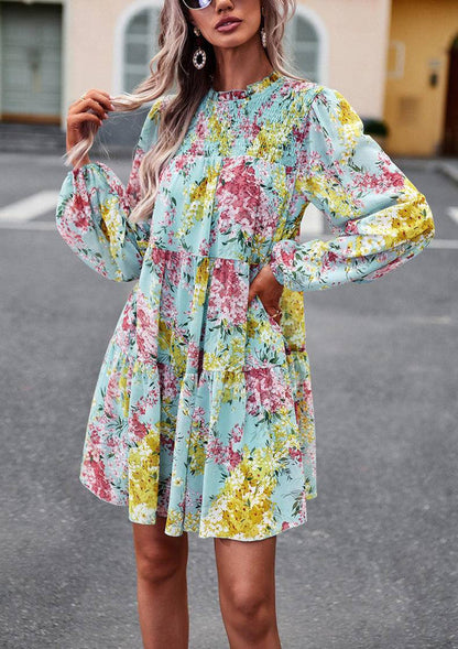 Mini Dresses- Elegant Floral Tiered Mini Dress with High Neck & Bishop Sleeves- - IndioGear Fashion and Gear