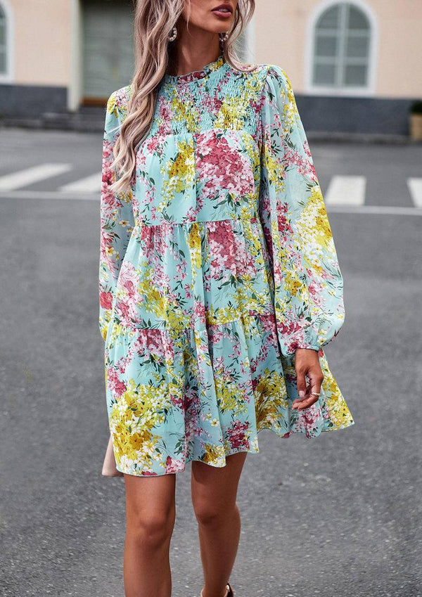 Mini Dresses- Elegant Floral Tiered Mini Dress with High Neck & Bishop Sleeves- - IndioGear Fashion and Gear