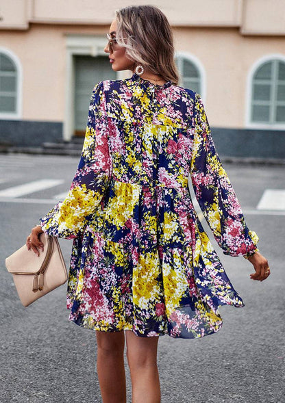 Mini Dresses- Elegant Floral Tiered Mini Dress with High Neck & Bishop Sleeves- - IndioGear Fashion and Gear