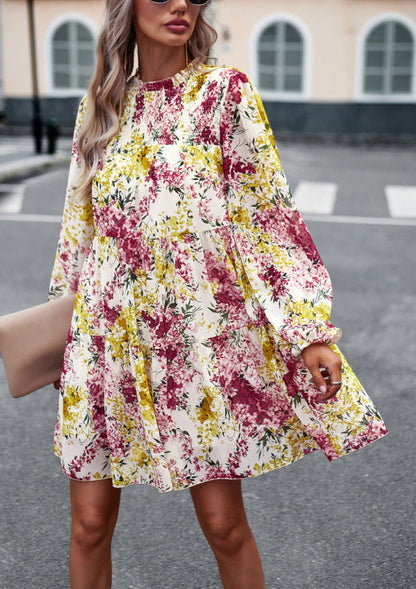 Mini Dresses- Elegant Floral Tiered Mini Dress with High Neck & Bishop Sleeves- White- IndioGear Fashion and Gear