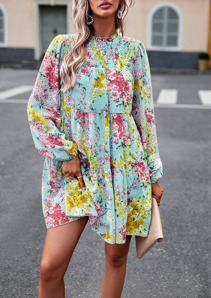 Mini Dresses- Elegant Floral Tiered Mini Dress with High Neck & Bishop Sleeves- - IndioGear Fashion and Gear