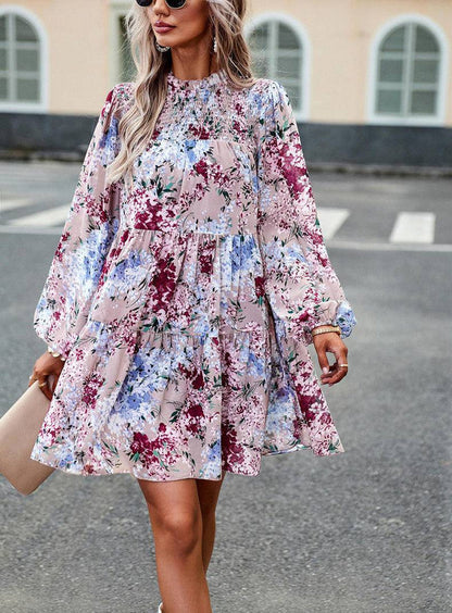 Mini Dresses- Elegant Floral Tiered Mini Dress with High Neck & Bishop Sleeves- - IndioGear Fashion and Gear