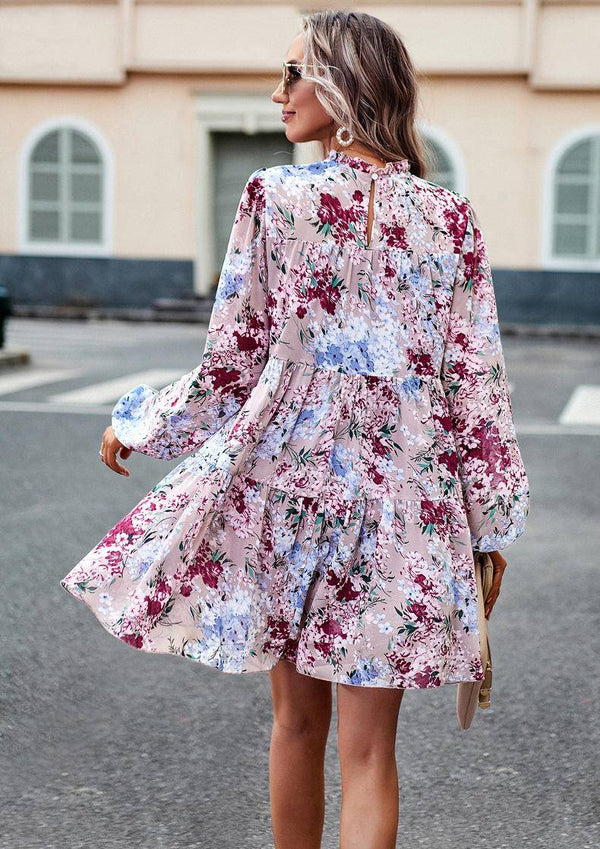 Mini Dresses- Elegant Floral Tiered Mini Dress with High Neck & Bishop Sleeves- - IndioGear Fashion and Gear