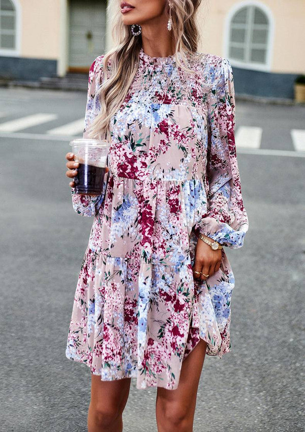 Mini Dresses- Elegant Floral Tiered Mini Dress with High Neck & Bishop Sleeves- - IndioGear Fashion and Gear