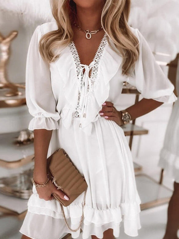 Mini Dresses- Elegant Lace Chiffon Dress: 3/4 Sleeves, V-Neck, Double Ruffle Layer- White- IndioGear Fashion and Gear