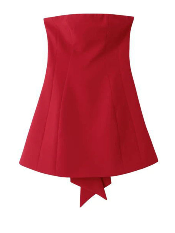 Mini Dresses- Elegant Solid Strapless Cocktail Mini Dress with a Bowknot Back- - IndioGear Fashion and Gear