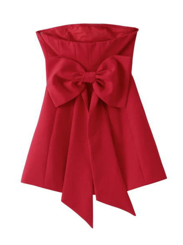 Mini Dresses- Elegant Solid Strapless Cocktail Mini Dress with a Bowknot Back- - IndioGear Fashion and Gear