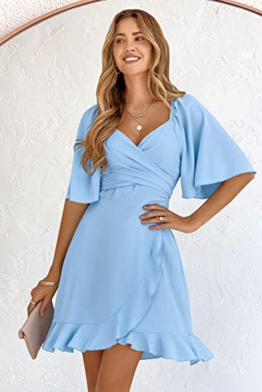 Mini Dresses- Elegant and Versatile: Women's Short Sleeve Wrap V-Neck Mini Dresses- - IndioGear Fashion and Gear