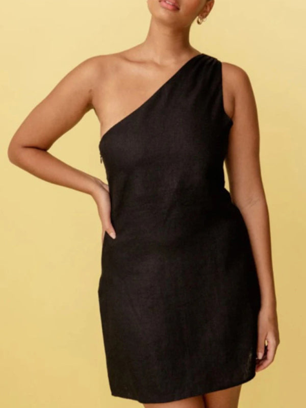 Essential Cocktail A-Line Mini Dress in Solid One-Shoulder