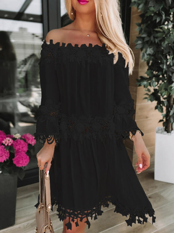 Mini Dresses- Experience Graceful Elegance in our Gauze Lace Off-Shoulder Mini Dress- - IndioGear Fashion and Gear