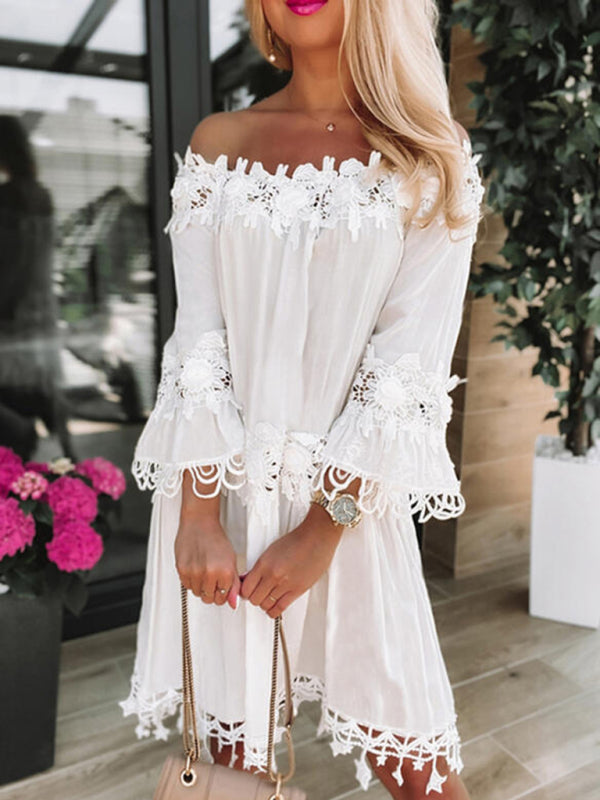 Mini Dresses- Experience Graceful Elegance in our Gauze Lace Off-Shoulder Mini Dress- White- IndioGear Fashion and Gear