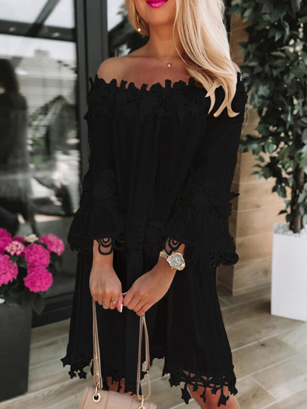 Mini Dresses- Experience Graceful Elegance in our Gauze Lace Off-Shoulder Mini Dress- Black- IndioGear Fashion and Gear