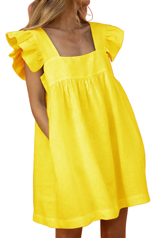 Mini Dresses- Feel Radiant in a Versatile Ruffle Shoulder Dress & Square Open Back- Yellow- Pekosa Women Clothing