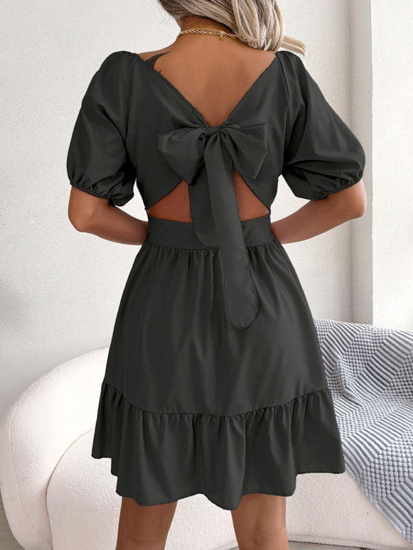 Mini Dresses- Flirty Square Neck Ruffle Backless Mini Dress: Casual Elegance- - IndioGear Fashion and Gear