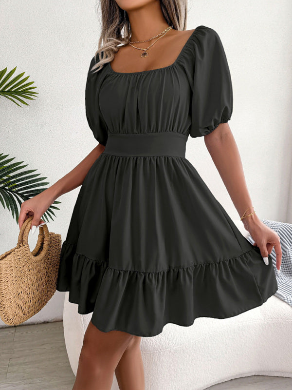 Mini Dresses- Flirty Square Neck Ruffle Backless Mini Dress: Casual Elegance- - IndioGear Fashion and Gear