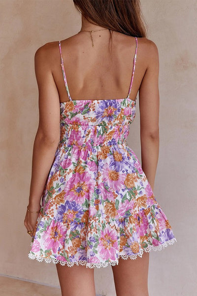 Mini Dresses- Floral A-Line Knot Ruffle Cami Mini Dress- - IndioGear Fashion and Gear