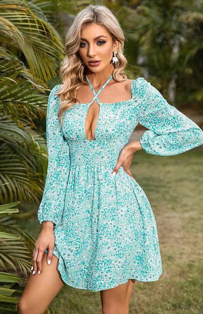 Mini Dresses- Floral Flare Halter Mini Dress: Elegant Style with Sexy Cutout- - IndioGear Fashion and Gear