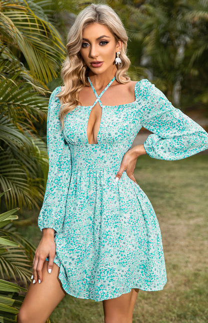 Mini Dresses- Floral Flare Halter Mini Dress: Elegant Style with Sexy Cutout- - IndioGear Fashion and Gear