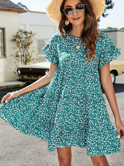 Mini Dresses- Floral Flounce Sleeves Dress: Retro-Inspired, Tiered Design- Green- IndioGear Fashion and Gear