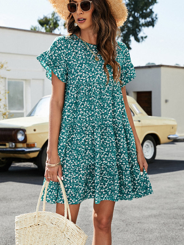 Mini Dresses- Floral Flounce Sleeves Dress: Retro-Inspired, Tiered Design- - IndioGear Fashion and Gear