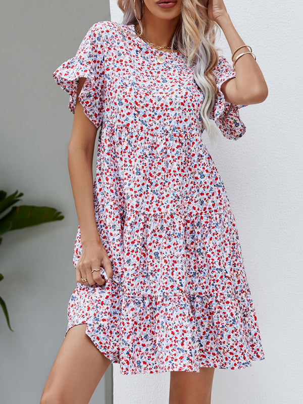 Mini Dresses- Floral Flounce Sleeves Dress: Retro-Inspired, Tiered Design- Pattern- IndioGear Fashion and Gear