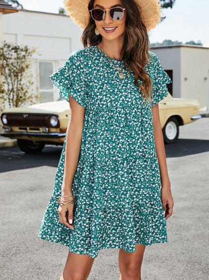 Mini Dresses- Floral Flounce Sleeves Dress: Retro-Inspired, Tiered Design- - IndioGear Fashion and Gear