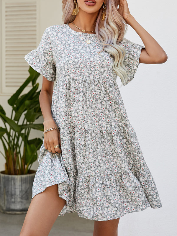 Mini Dresses- Floral Flounce Sleeves Dress: Retro-Inspired, Tiered Design- - IndioGear Fashion and Gear