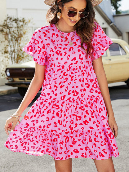 Mini Dresses- Floral Flounce Sleeves Dress: Retro-Inspired, Tiered Design- - IndioGear Fashion and Gear