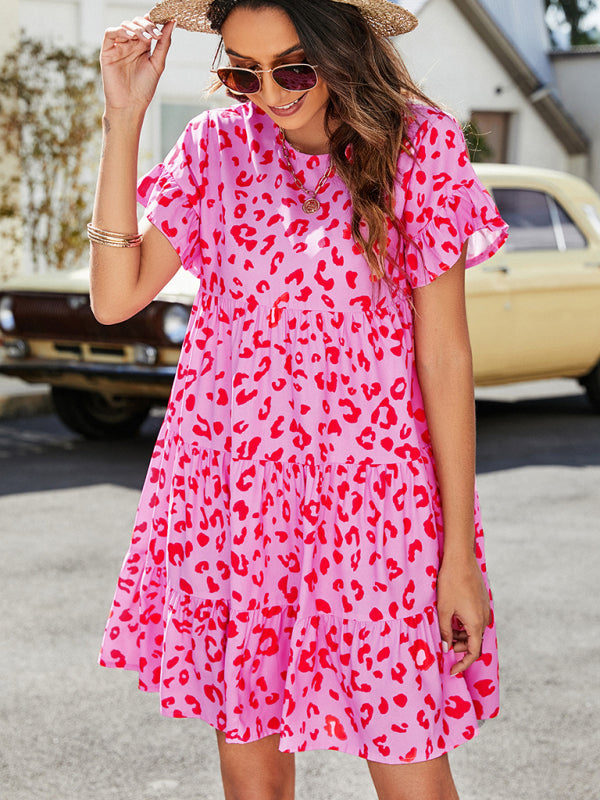 Mini Dresses- Floral Flounce Sleeves Dress: Retro-Inspired, Tiered Design- - IndioGear Fashion and Gear