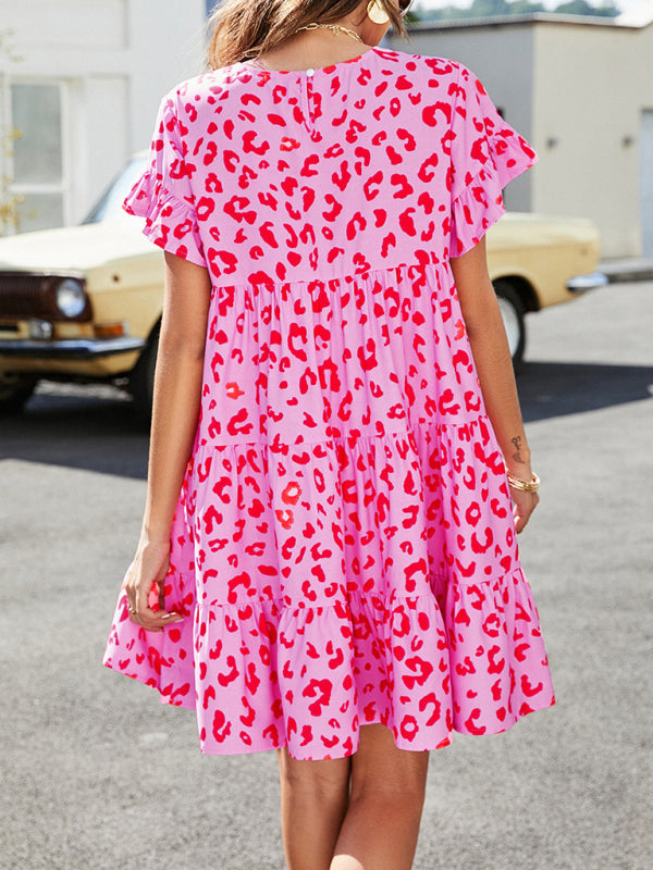 Mini Dresses- Floral Flounce Sleeves Dress: Retro-Inspired, Tiered Design- - IndioGear Fashion and Gear