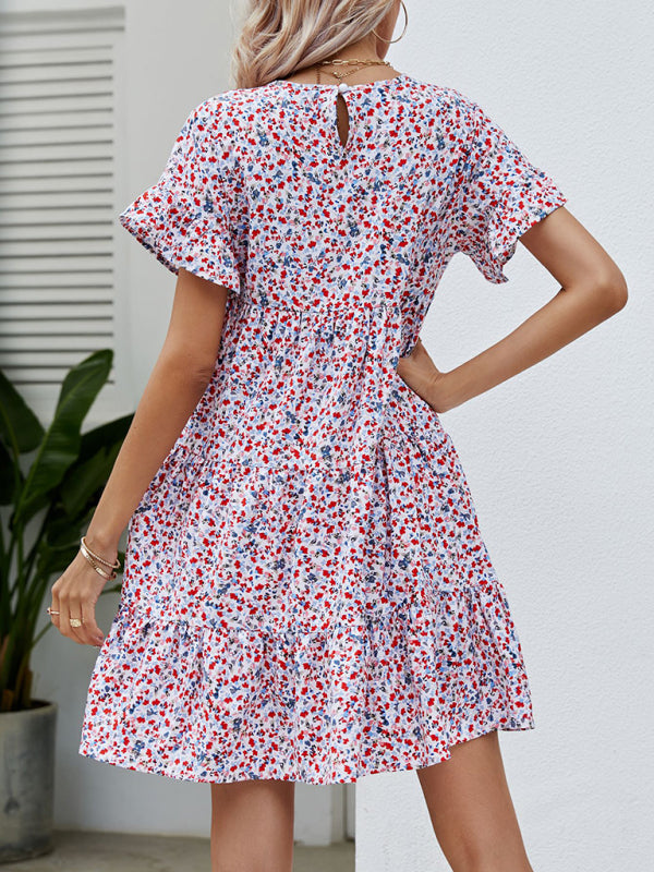 Mini Dresses- Floral Flounce Sleeves Dress: Retro-Inspired, Tiered Design- - IndioGear Fashion and Gear