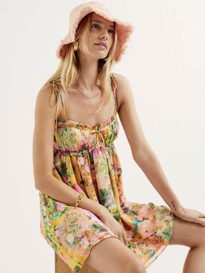 Mini Dresses- Floral Flowy Sleeveless Bustier Cami Dress- - IndioGear Fashion and Gear