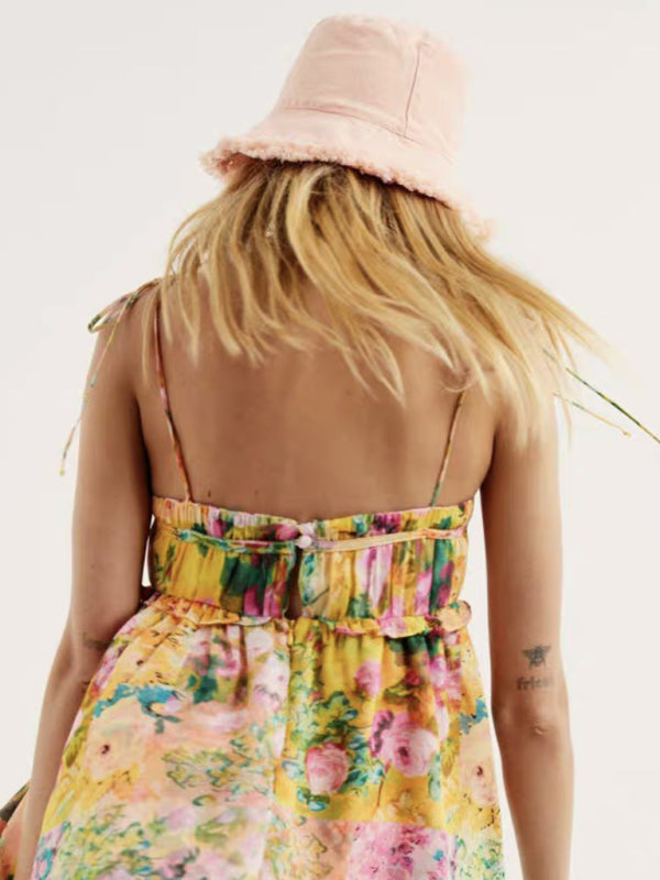 Mini Dresses- Floral Flowy Sleeveless Bustier Cami Dress- - IndioGear Fashion and Gear