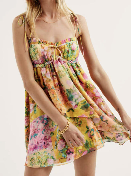 Mini Dresses- Floral Flowy Sleeveless Bustier Cami Dress- Yellow- IndioGear Fashion and Gear