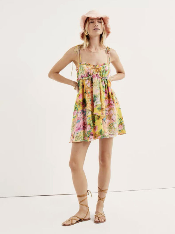 Mini Dresses- Floral Flowy Sleeveless Bustier Cami Dress- - IndioGear Fashion and Gear