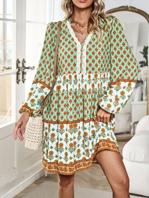 Mini Dresses- Floral V-Neck Buttons Long Sleeve Flowy Mini Dress- Green- IndioGear Fashion and Gear