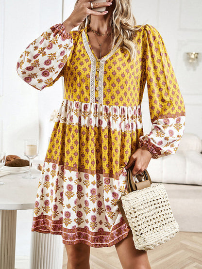 Mini Dresses- Floral V-Neck Buttons Long Sleeve Flowy Mini Dress- Yellow- IndioGear Fashion and Gear