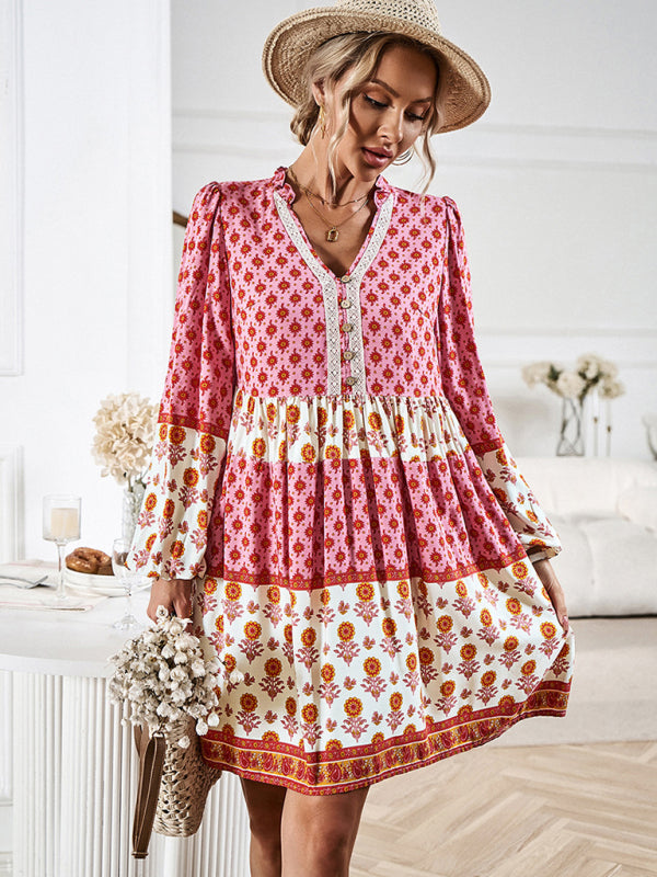 Mini Dresses- Floral V-Neck Buttons Long Sleeve Flowy Mini Dress- - IndioGear Fashion and Gear