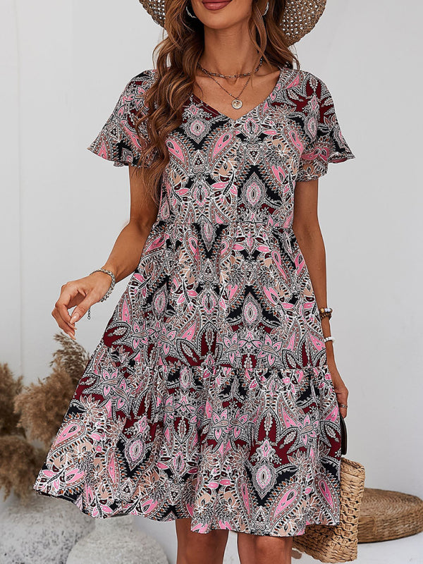 Mini Dresses- Flowy Paisley Mini Dress: V Neck, High Waist, Short Sleeves- - IndioGear Fashion and Gear