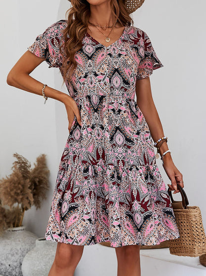 Mini Dresses- Flowy Paisley Mini Dress: V Neck, High Waist, Short Sleeves- - IndioGear Fashion and Gear