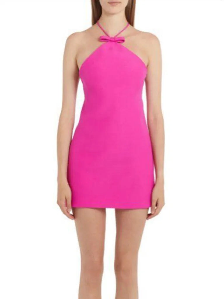 Mini Dresses- Halterneck Solid Backless Mini Dress in Elegant Style- Rose- IndioGear Fashion and Gear