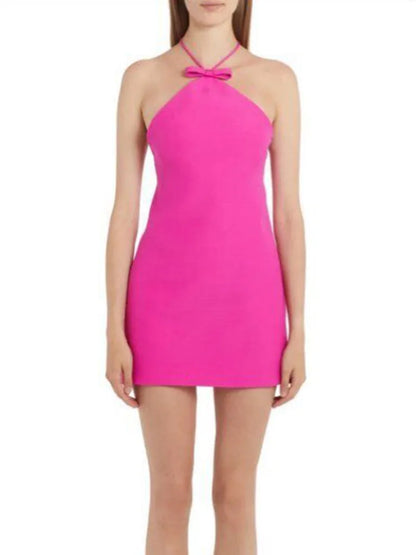 Mini Dresses- Halterneck Solid Backless Mini Dress in Elegant Style- Rose- IndioGear Fashion and Gear