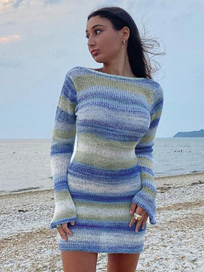 Mini Dresses- Knitted Striped Backless Sweater Bell Sleeves Mini Dress- Blue- IndioGear Fashion and Gear